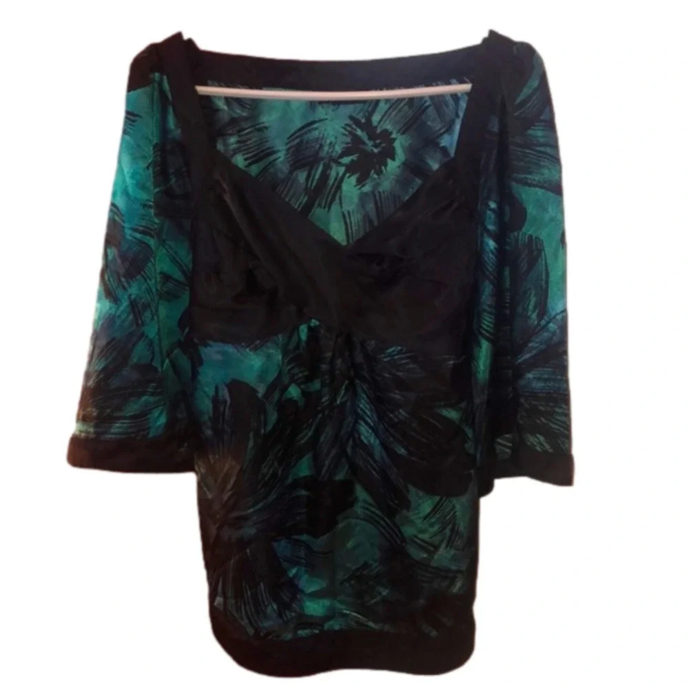 Apostrophe Green and Black Tropical Palm Print Top Large - Picture 9 of 13